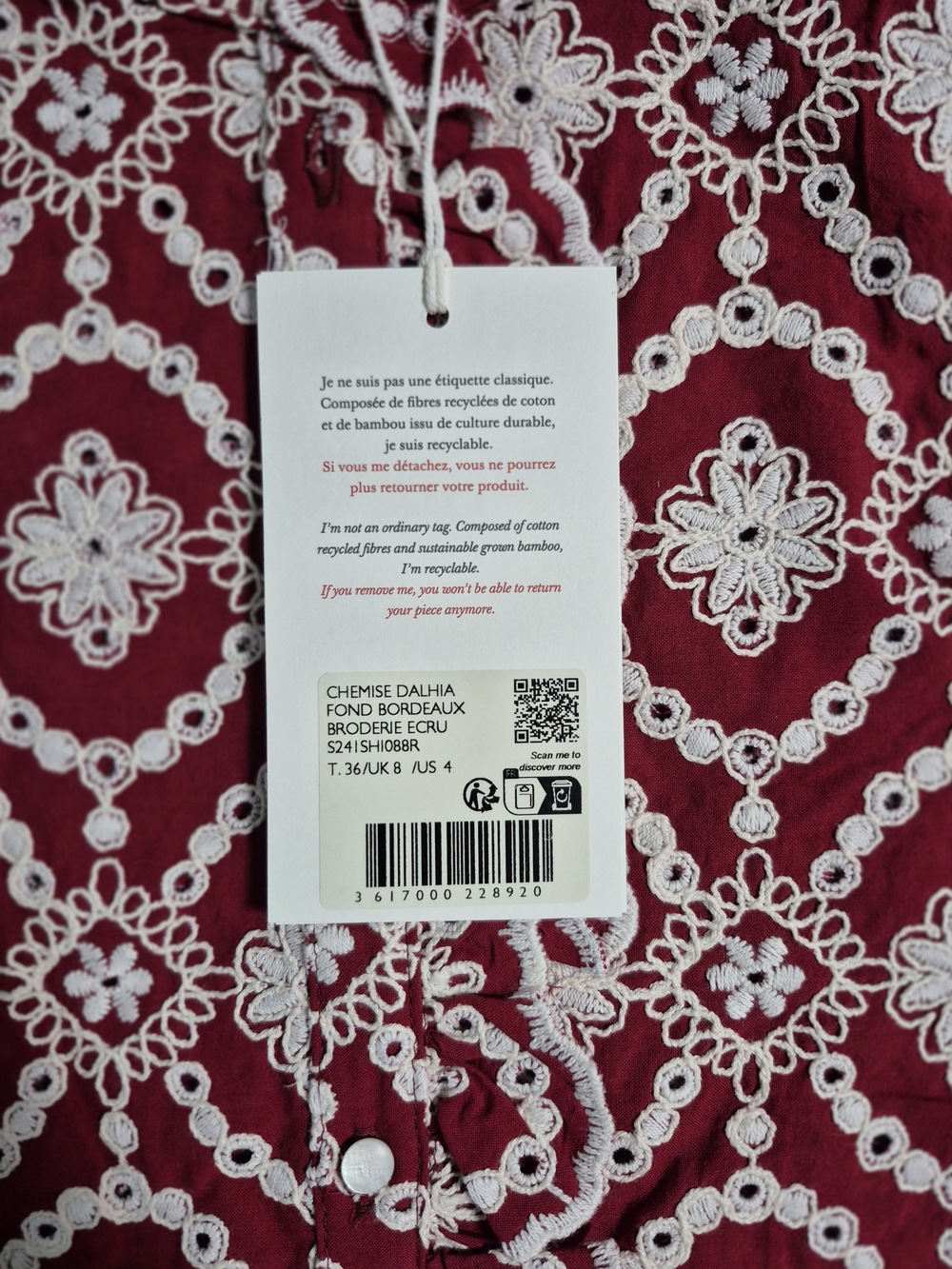 Chemise Dalhia (Fond Bordeaux Broderie Ecru) - Picture 3 of 3